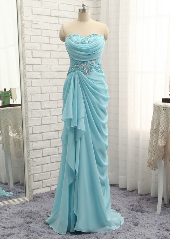 Sexy Prom Dresses Mermaid Sweetheart Turquoise Chiffon Crystals Bead Slit Prom Gown Evening Dresses cg10339