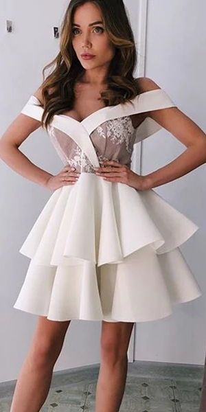 Off Shoulder A-line Ivory Homecoming Party Dress With Layers cg10346