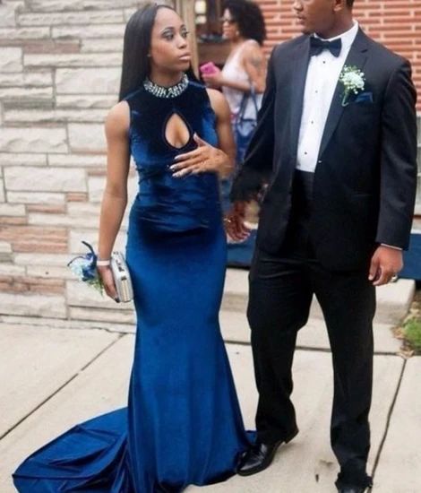 Simple Mermaid Prom Dresses Jewel Neck With Beaded Crystals Velvet cg10351