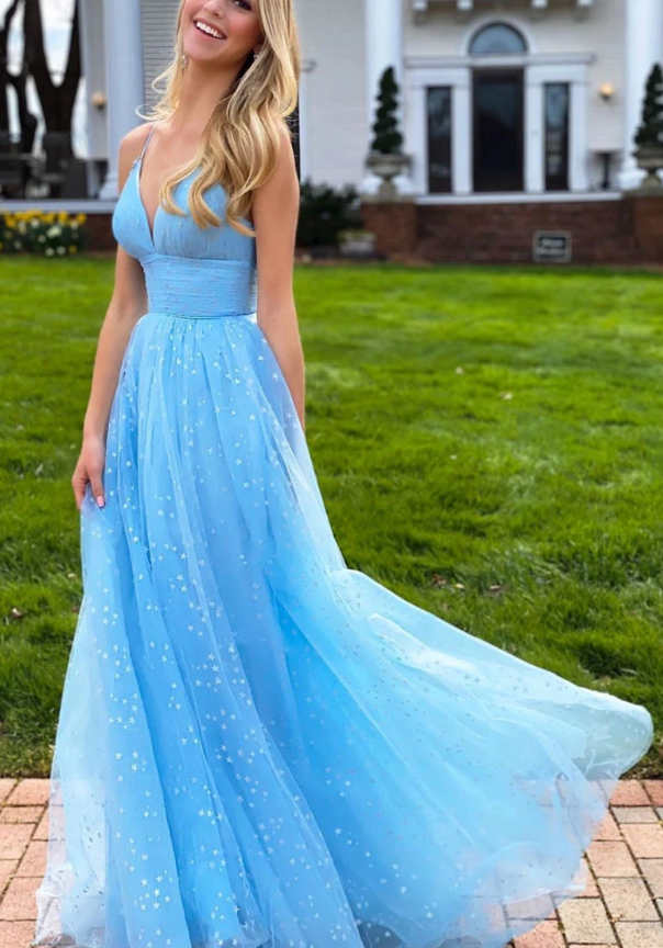 Simple blue v neck tulle long prom dress blue tulle formal dress cg10390