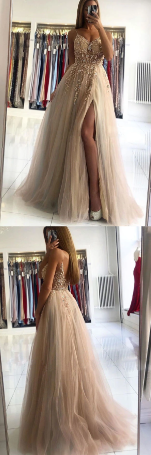 Champagne v neck beads long prom dress champagne evening dress cg10391