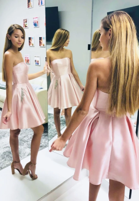 PINK SATIN SHORT DRESS PINK HOMECOMING DRESS cg10394