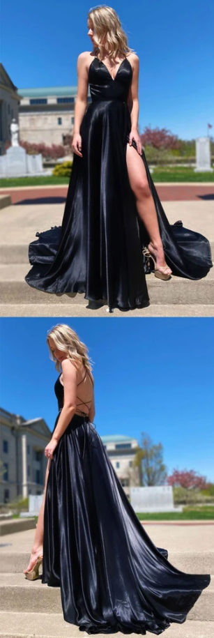 SIMPLE V NECK BLACK EVENING DRESS BLACK FORMAL PROM DRESS cg10395