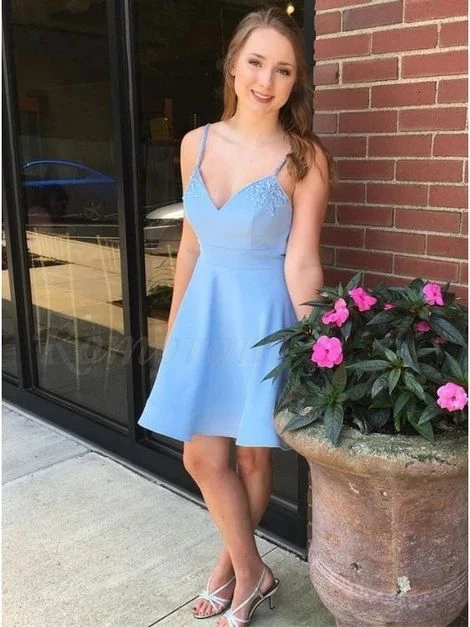 A-Line Spaghetti Straps Above-Knee Light Blue Homecoming Dress cg10412