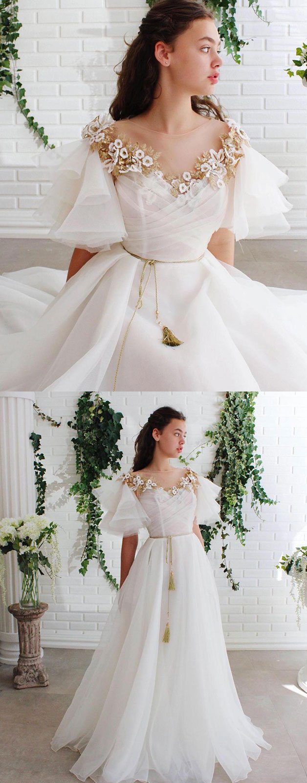 White round neck lace tulle long prom dress white lace evening dress cg10417