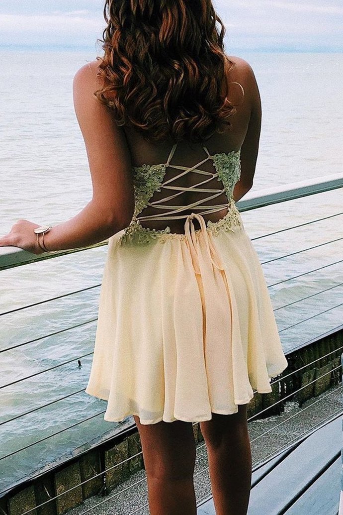 Lace Up Back Short Yellow Homecoming Dress cg10431