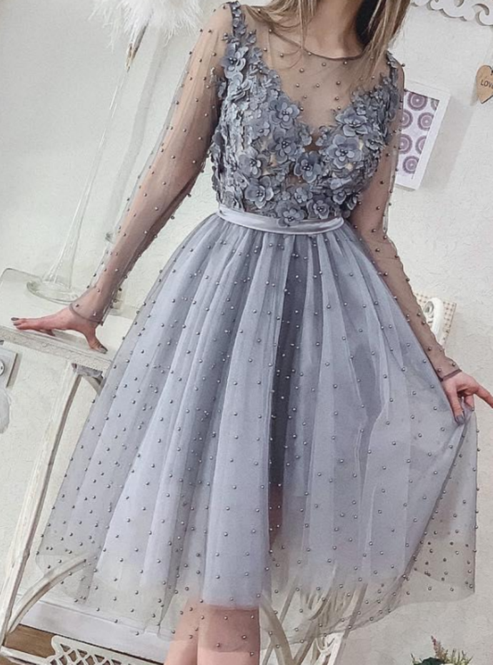 A-Line SIlver Long Sleeve Appliques Pearls Short Prom Dress cg10446