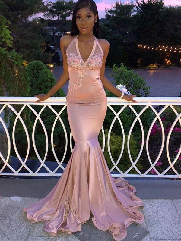 Mermaid Halter Long Satin prom Dress cg10475
