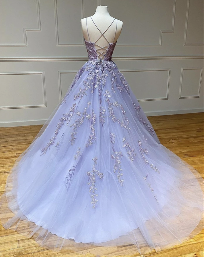 Purple tulle lace long prom dress evening dress cg10509