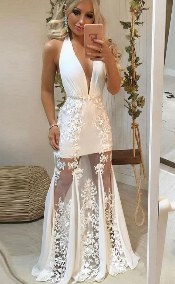 White v neck tulle lace long prom dress lace evening dress cg10514