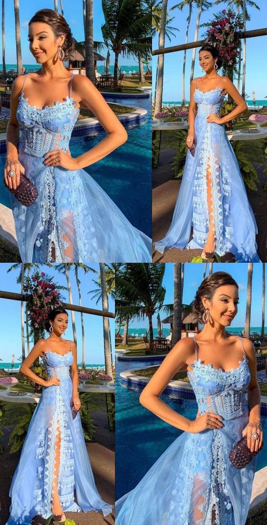 Spaghetti Straps Blue Prom Dresses with Appliques cg10520