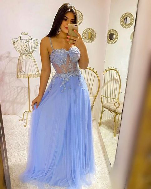Charming Sexy Spaghetti Straps Chiffon Evening Party Dress,Blue Appliques Long Prom Dress cg10521