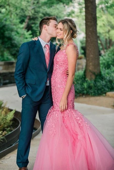 Charming Appliques Tulle Mermaid Evening Dress, Hot Pink Evening Gowns prom dress cg10554