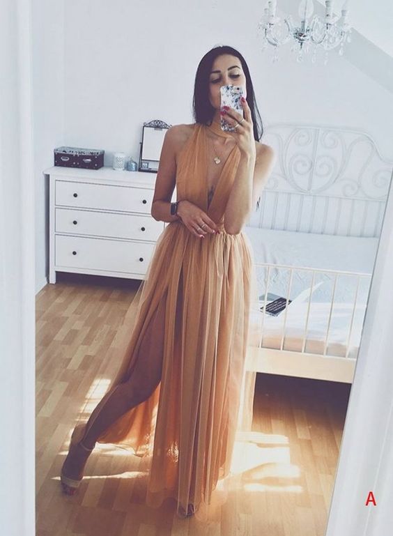 Sexy Sleeveless Prom Dress, High Slit Floor Length Evening Party Dress cg10557