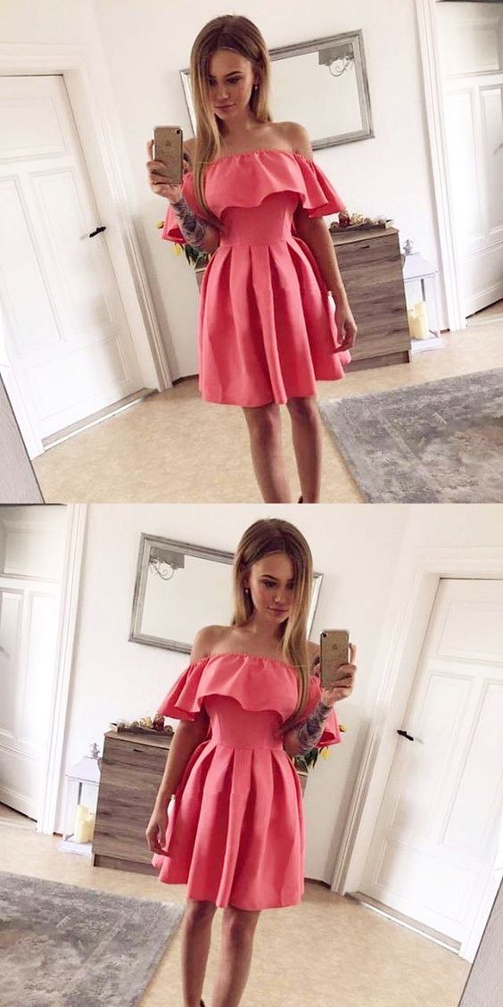 A-Line Off The Shoulder Pink Pleated Homecoming Dress cg10562