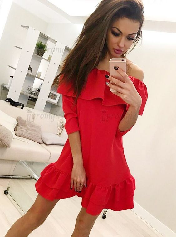 A-Line Off-the-Shoulder Half Sleeves Above-Knee Red Homecoming Dress with Ruffles cg10565