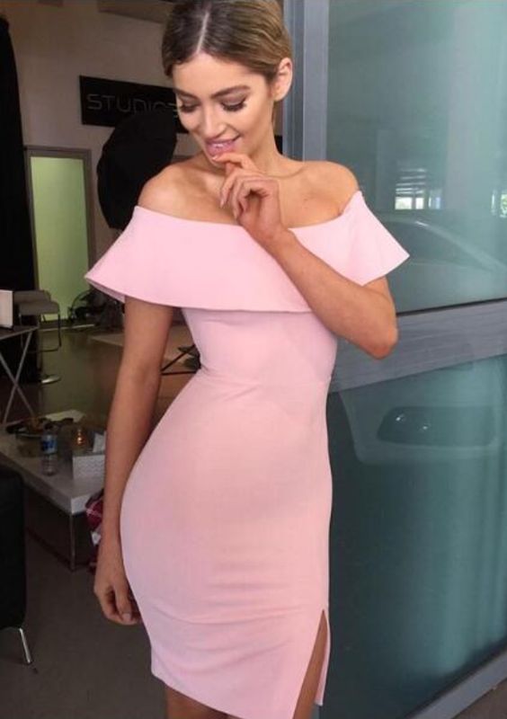 Light Pink Sheath Mini Short Homecoming Dresses Off Shoulder Satin Homecoming Dress Cocktail Dresses cg10570