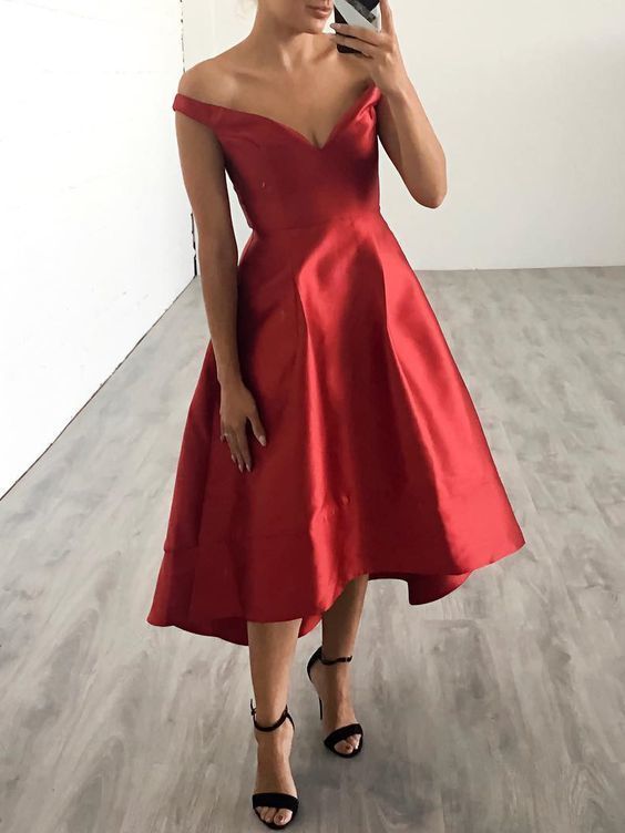 Off-shoulder Red High Low Girl Dress, Satin Party Gowns, Homecoming Dress cg10573