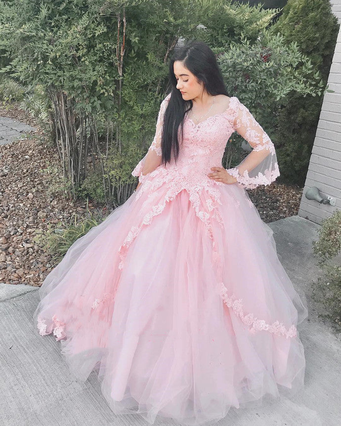 Princess Tulle Pink Puffy Long Sleeve Ball Gown Prom Dress, Sweet Quinceanera Dress cg10574