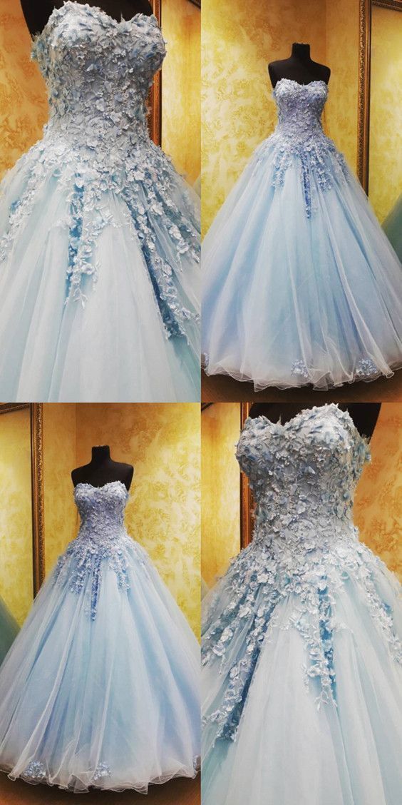 Charming Tulle Appliques Ball Gown Prom Dresses, Blue Quinceanera Dresses cg10577