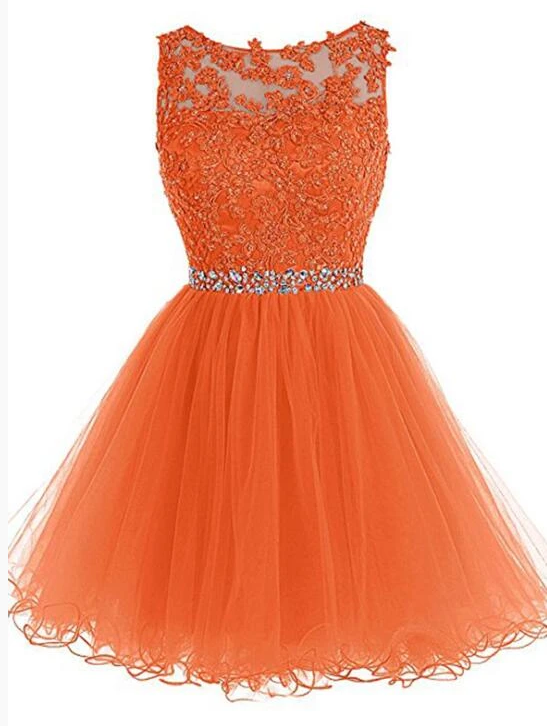 Round Neckline Orange Tulle Beaded Homecoming Dress, Short Party Dress Graduation Dress cg10581