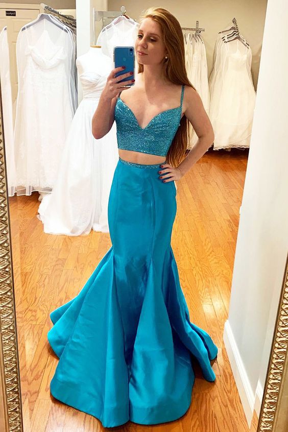 Sexy Spaghetti Straps Beaded Two Piece Prom Dress, Mermaid Long Evening Dress cg10590