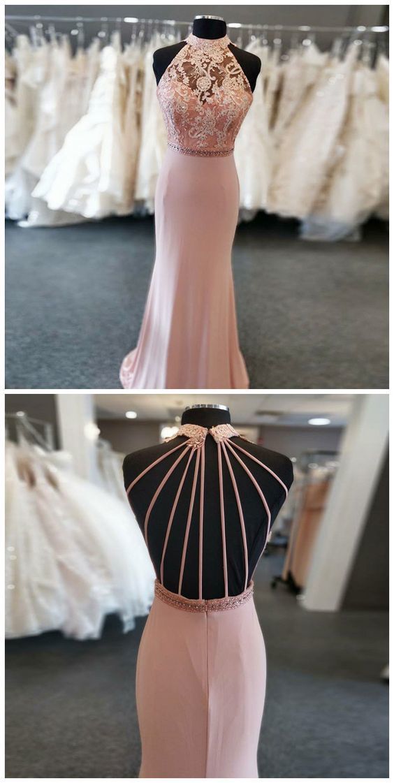Mermaid Round Neck Sweep Train Pink Beaded Prom Dress With Lace cg10605