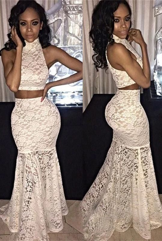 prom dresses, 2 pieces lace prom party dresses, sexy mermaid prom party dresses, lace party dresses, halter prom party dresses cg10610