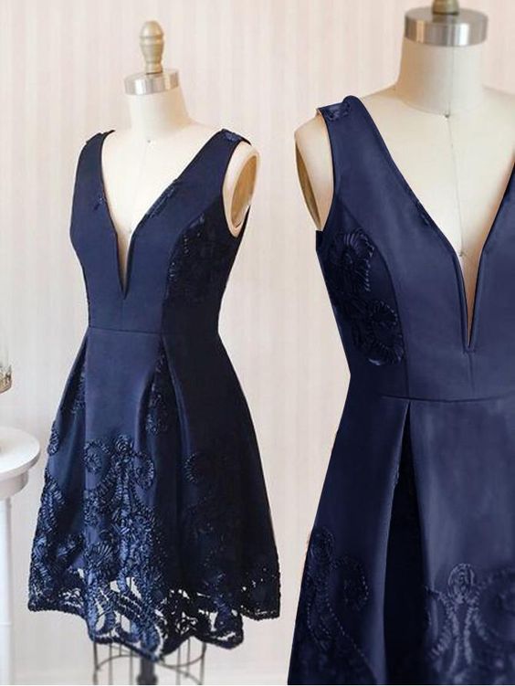Dark Navy Homecoming Dress Straps Satin V-neck Short cg10621