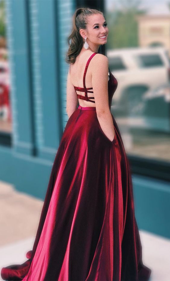 A-line Straps Wine Red Long Prom Dress   cg10622