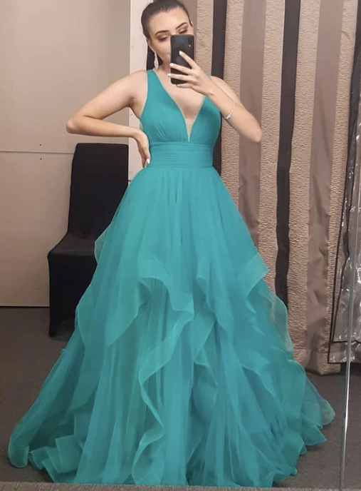 A line v neck tulle long prom dress evening dress cg10641