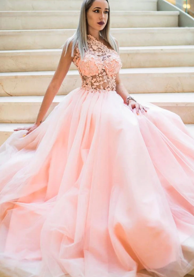 Pink tulle lace one shoulder long prom dress pink lace bridesmaid dress cg10649