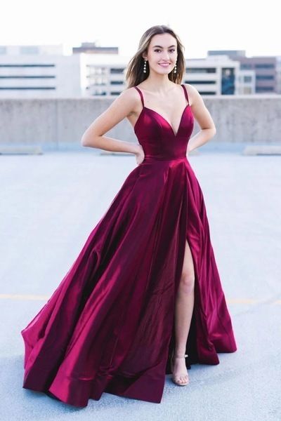 Burgundy V-neck Split Slit Long Prom Dress, Backless Evening Dress cg10653