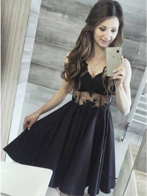 V neck Black Lace Short Homecoming Dress cg10655
