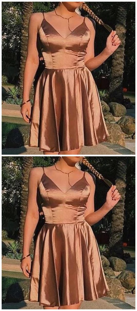 A Line V Neck Short Champagne Dresses, Short Champagne Graduation Homecoming Dresses cg10674