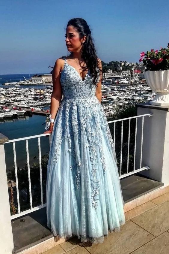 Elegant Blue Appliques Tulle Prom Dress, Long Evening Dress cg10680