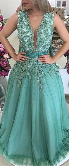 Graceful Tulle V-neck Neckline A-line Prom Dress With Beaded Lace Appliques & Bowknot cg10685