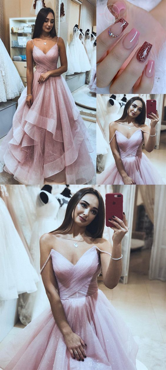 Pretty Tulle Pink V neck Long Prom Dresses with Straps cg10711