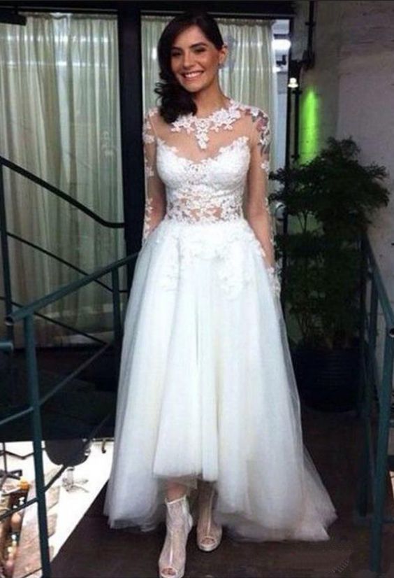 Sheer Lace Appliqués High-Low Tulle Wedding Dress Prom Dresses, Long Evening Dress cg10720