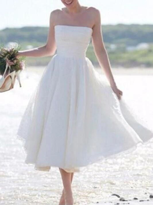 Simple A-Line Off-The-Shoulder Pleated Bridal Dresses,Cheap Tea-length Strapless Prom Dresses cg10740