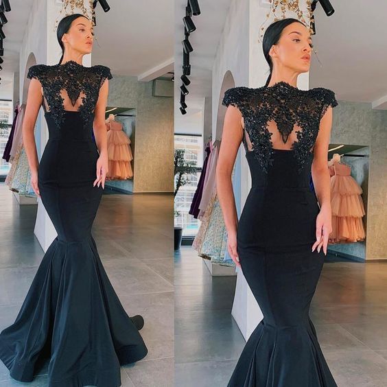 black prom dresses crew neckline lace appliques cap sleeve mermaid evening dresses Prom Dresses cg10750