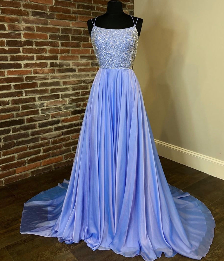 BLUE A LINE BEADS LONG PROM DRESS EVENING DRESS cg10756