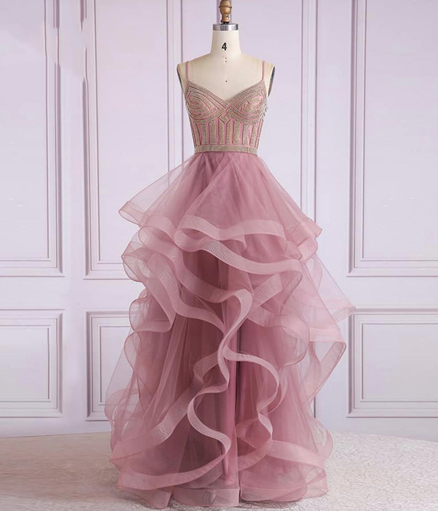 A LINE TULLE BEADS LONG PROM DRESS FORMAL DRESS cg10758