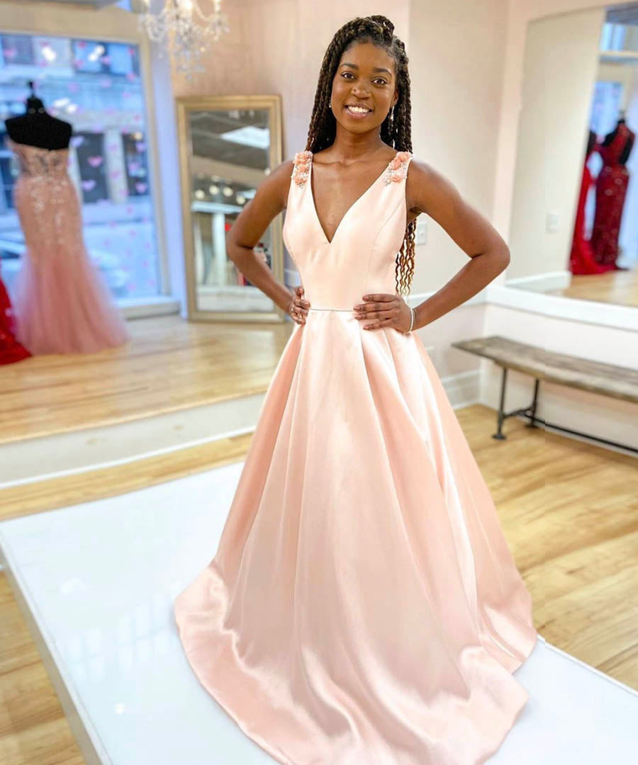 PINK V NECK SATIN LONG PROM DRESS EVENING DRESS cg10760