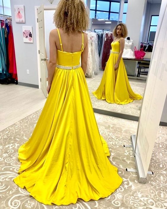 Sexy Yellow Slit Evening Dress, Spaghetti Straps Long Prom Dress cg10765