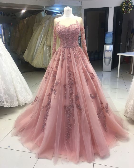 Fashion Tulle Long Sleeve Pink Appliques Quinceanera Ball Gown Prom Dress, Wedding Party Dress cg10767