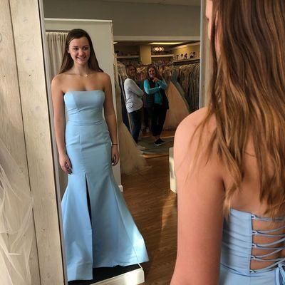 Blue Strapless Satin Mermaid Evening Dress, Formal Slit Trumpet Long Prom Dress cg10783
