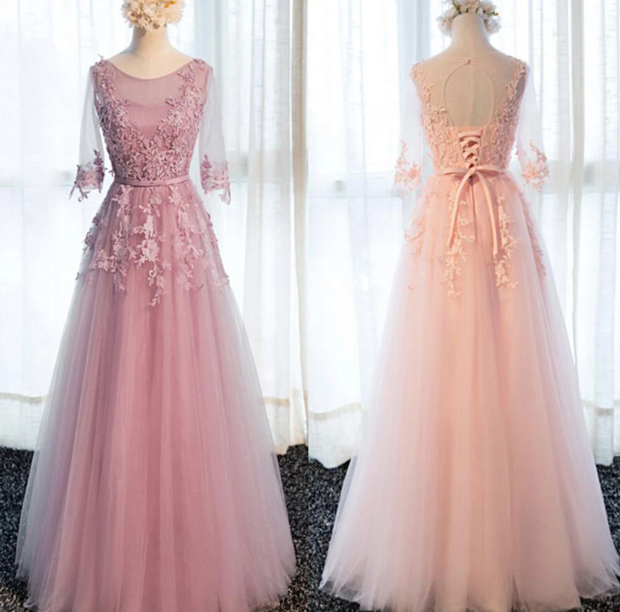 Beautiful Pink Tulle 1/2 Sleeves With Lace Applique Bridesmaid Dress, Long Prom Dress cg10786