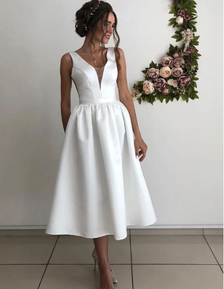 SIMPLE V NECK SATIN BRIDESMAID DRESS, TEA LENGTH PROM DRESS cg10788