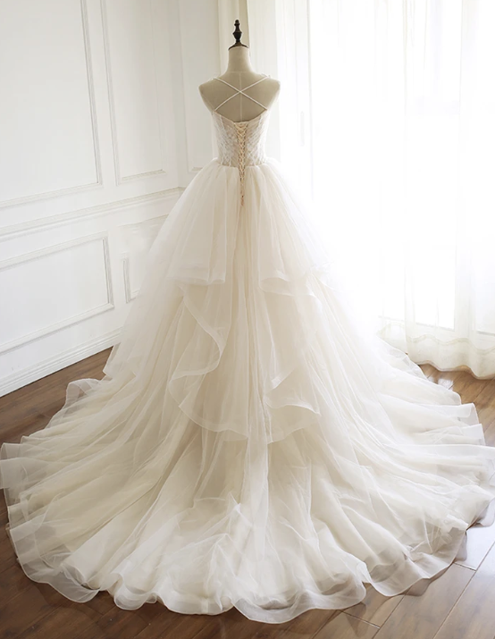 Champagne tulle lace long ball prom dress cg10816